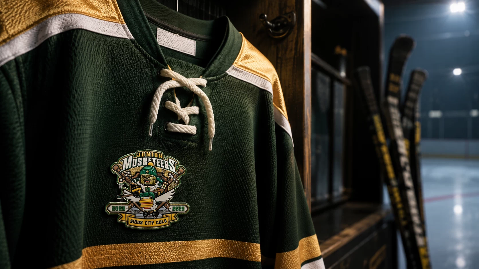 Art-directed lifestyle visualization of a Junior Musketeers pin on a green hockey jersey inside a rink locker.