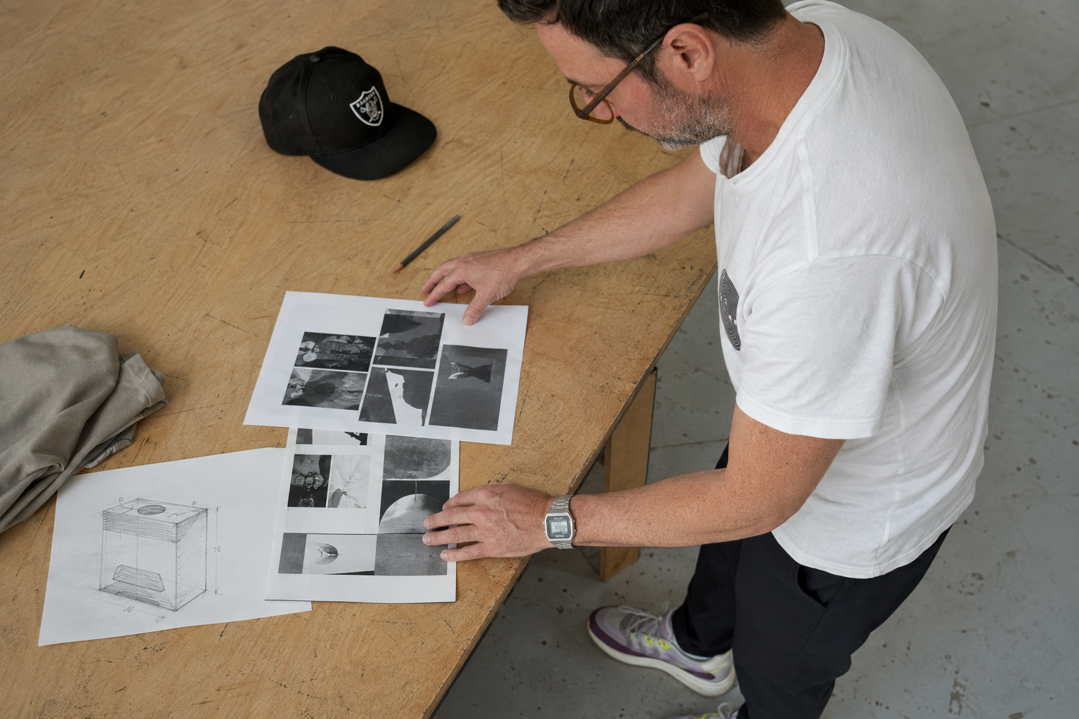 Ben Corber reviewing references and sketches at a studio worktable