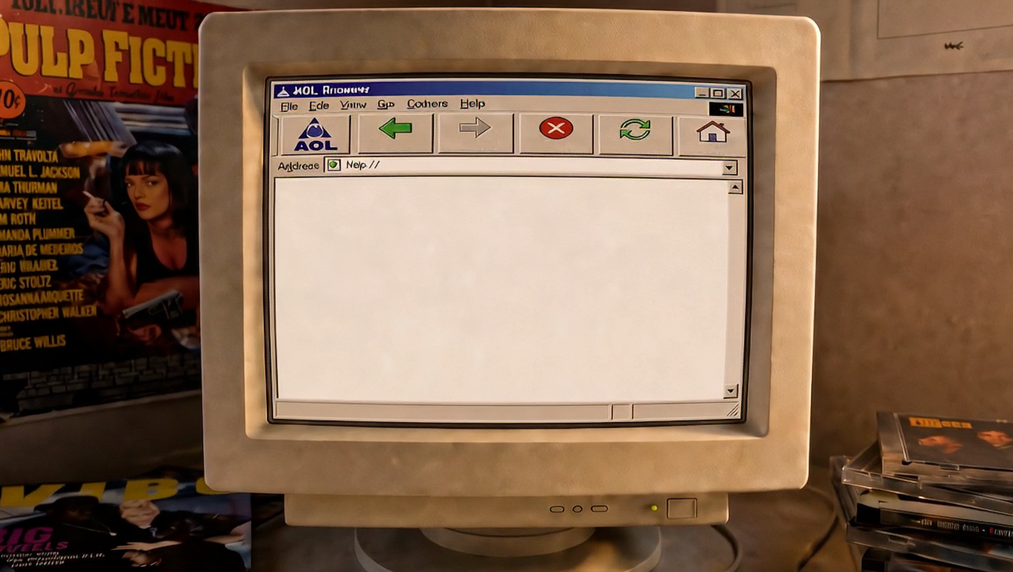 A seated point of view of a 1990s CRT computer with the Taste Is Required storefront open.