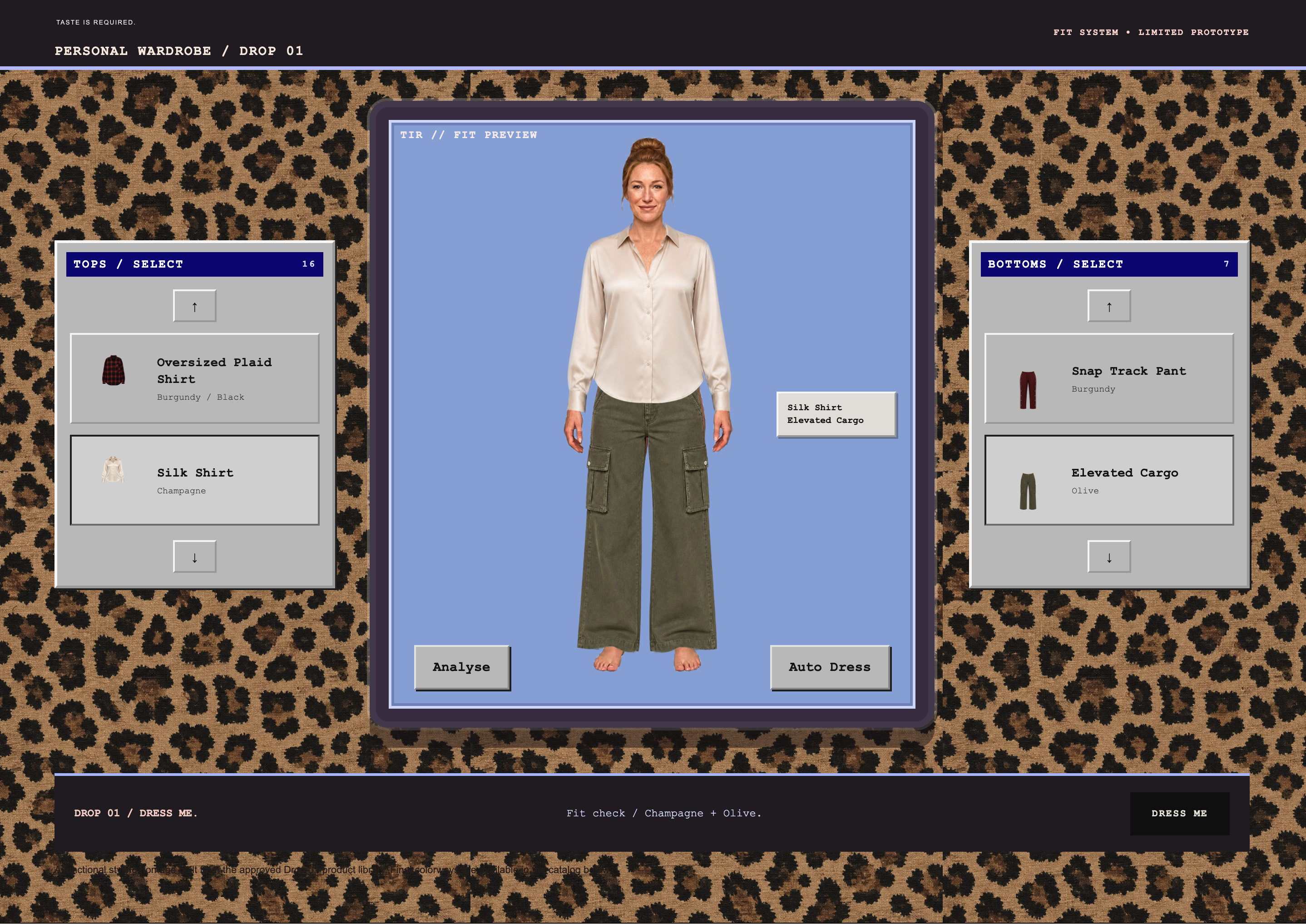 Taste Is Required Dress Me storefront interface showing an avatar styled in the personal wardrobe.
